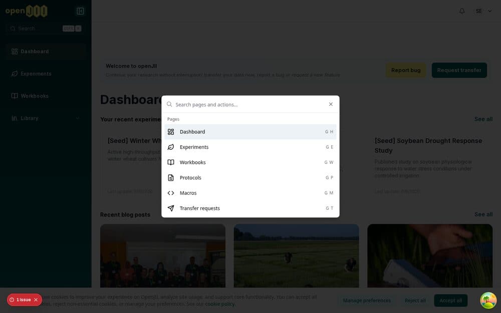 The command palette (Ctrl/Cmd+K) jumps to any page or action.